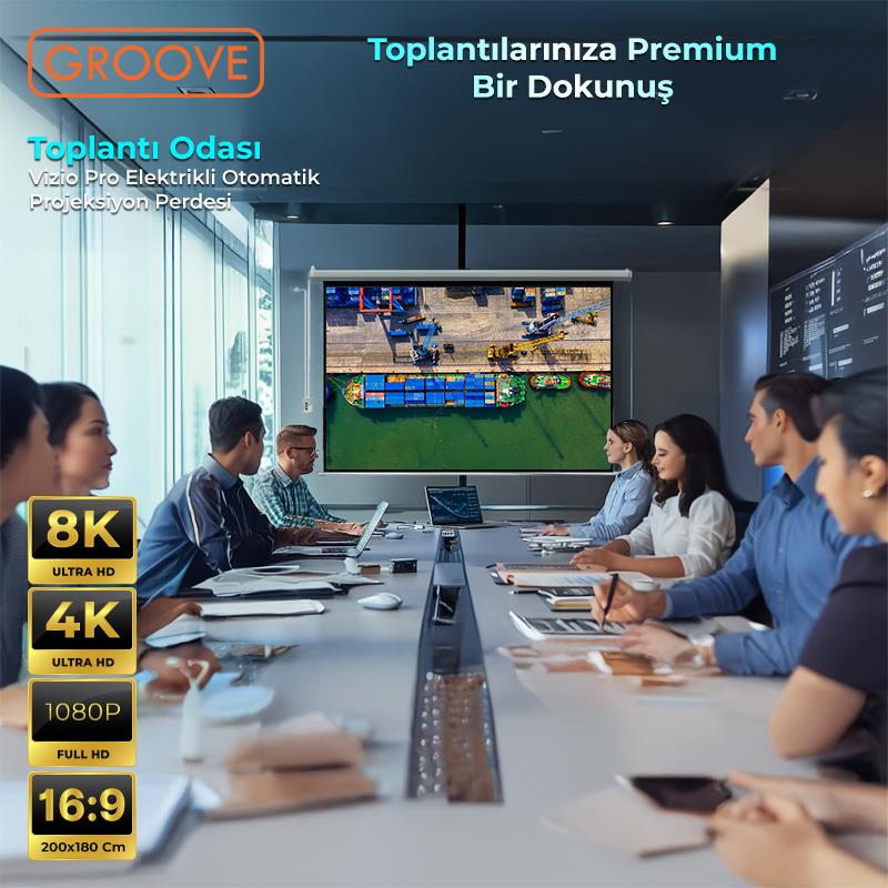 Groove Vizio Pro 200x180cm Blackout Işık Geçirmez Elektrikli Otomatik Kumandalı Projeksiyon Perdesi +Motorlu+Canlı Renkler+Göz Koruması+Leke Tutmaz Projector