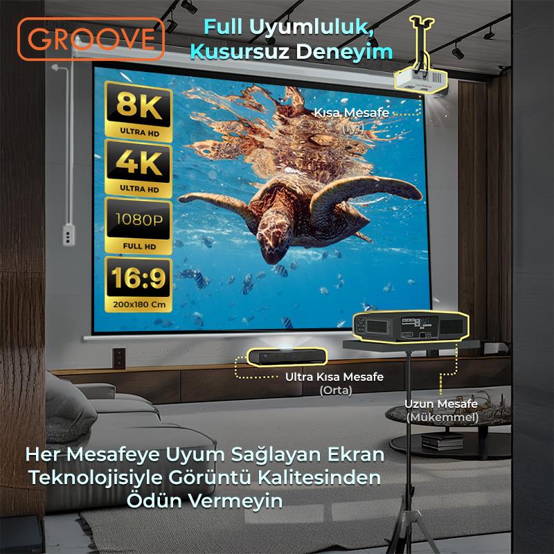 Groove Vizio Pro 200x180cm Blackout Işık Geçirmez Elektrikli Otomatik Kumandalı Projeksiyon Perdesi +Motorlu+Canlı Renkler+Göz Koruması+Leke Tutmaz Projector