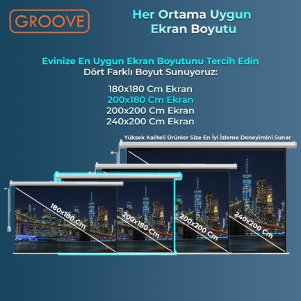 Groove Vizio Pro 200x180cm Blackout Işık Geçirmez Elektrikli Otomatik Kumandalı Projeksiyon Perdesi +Motorlu+Canlı Renkler+Göz Koruması+Leke Tutmaz Projector - Thumbnail