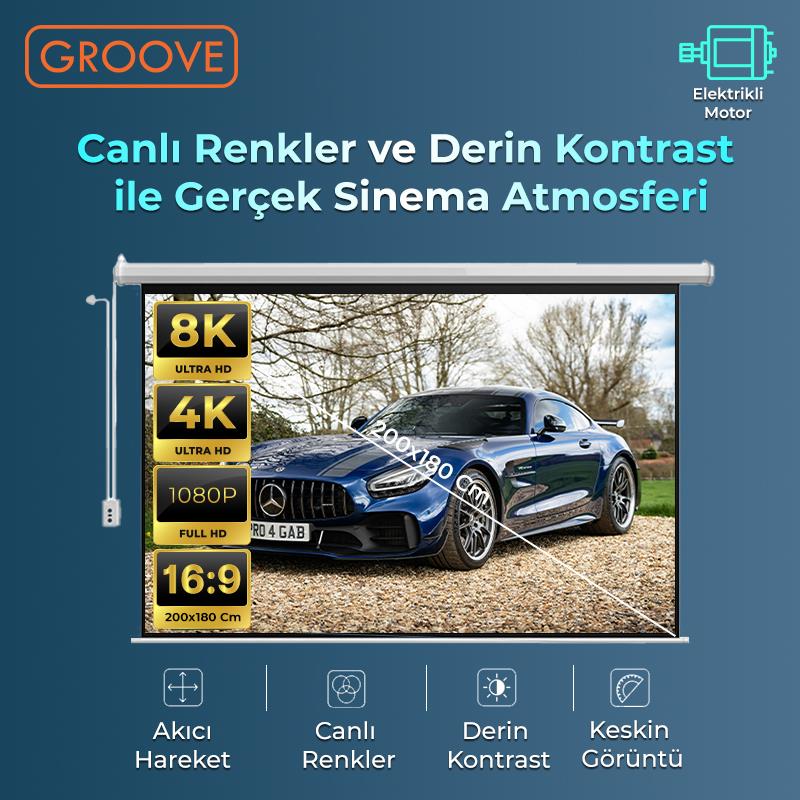 Groove Vizio Pro 200x180cm Blackout Işık Geçirmez Elektrikli Otomatik Kumandalı Projeksiyon Perdesi +Motorlu+Canlı Renkler+Göz Koruması+Leke Tutmaz Projector