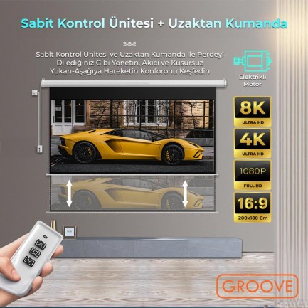 Groove Vizio Pro 200x180cm Blackout Işık Geçirmez Elektrikli Otomatik Kumandalı Projeksiyon Perdesi +Motorlu+Canlı Renkler+Göz Koruması+Leke Tutmaz Projector - Thumbnail
