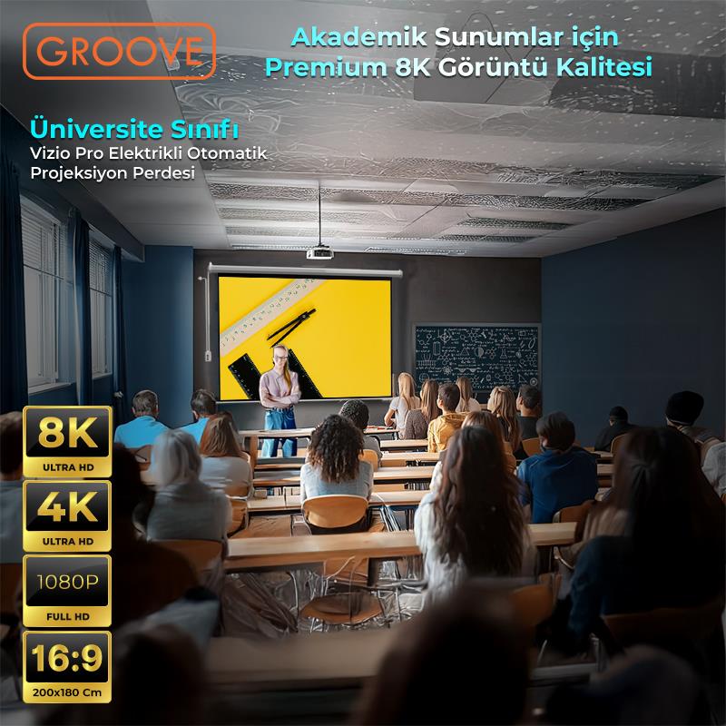 Groove Vizio Pro 200x180cm Blackout Işık Geçirmez Elektrikli Otomatik Kumandalı Projeksiyon Perdesi +Motorlu+Canlı Renkler+Göz Koruması+Leke Tutmaz Projector