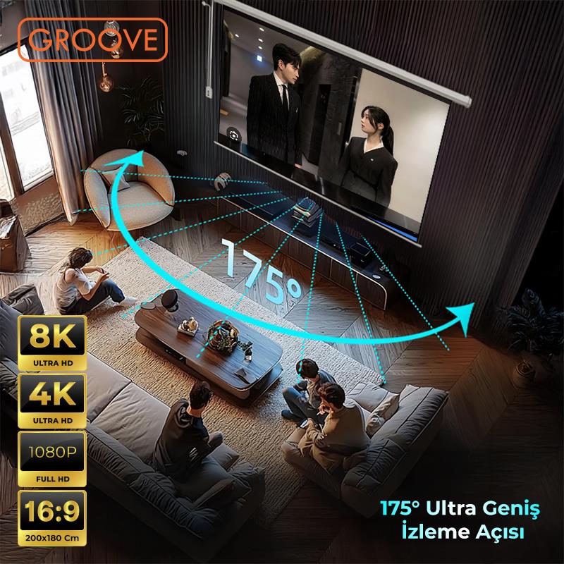 Groove Vizio Pro 200x180cm Blackout Işık Geçirmez Elektrikli Otomatik Kumandalı Projeksiyon Perdesi +Motorlu+Canlı Renkler+Göz Koruması+Leke Tutmaz Projector
