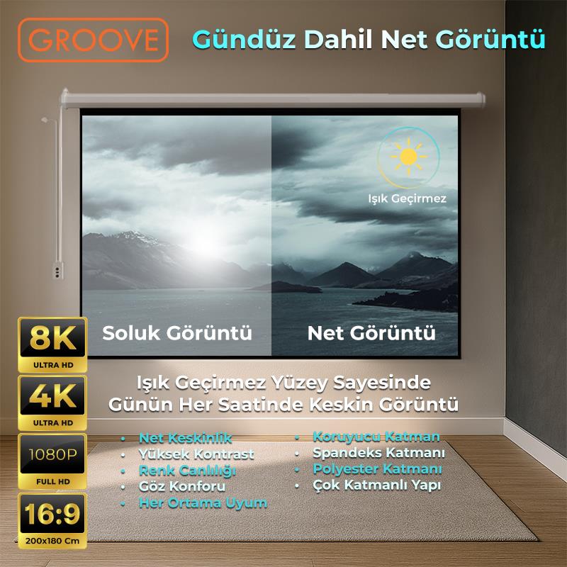 Groove Vizio Pro 200x180cm Blackout Işık Geçirmez Elektrikli Otomatik Kumandalı Projeksiyon Perdesi +Motorlu+Canlı Renkler+Göz Koruması+Leke Tutmaz Projector