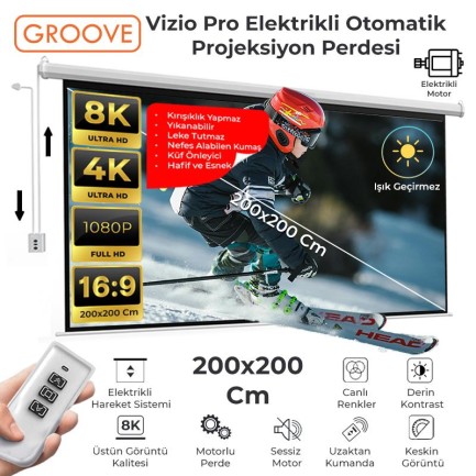 GROOVE - Groove Vizio Pro 200x200cm Blackout Işık Geçirmez Elektrikli Otomatik Kumandalı Projeksiyon Perdesi +Motorlu+Canlı Renkler+Göz Koruması+Leke Tutmaz Projector