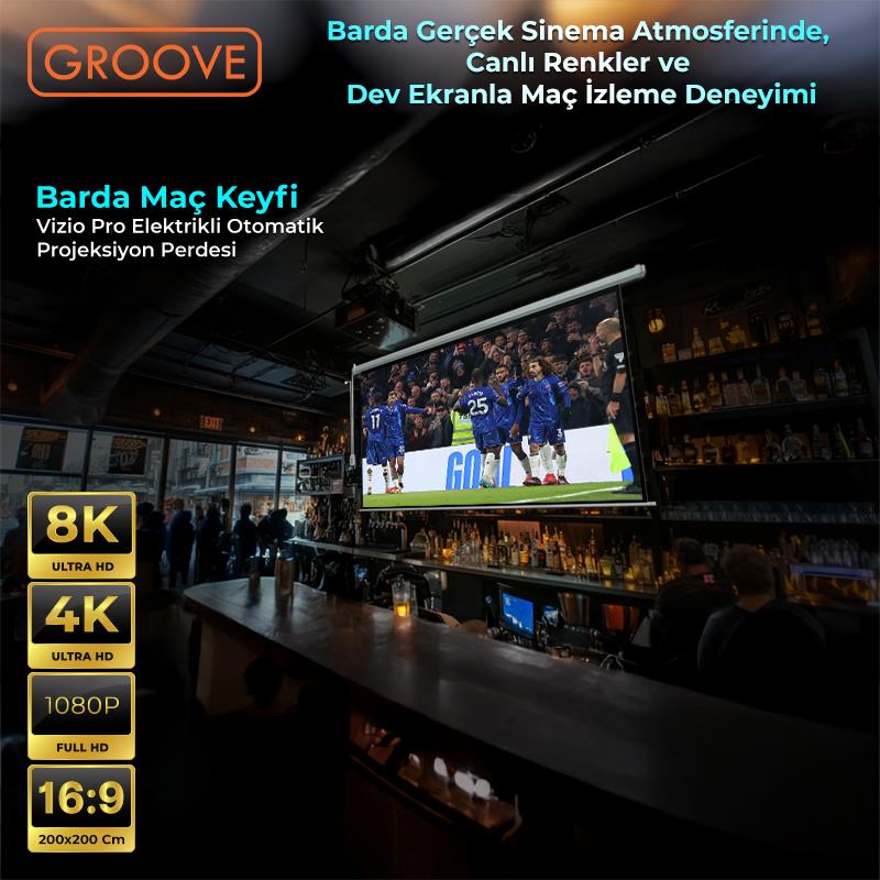Groove Vizio Pro 200x200cm Blackout Işık Geçirmez Elektrikli Otomatik Kumandalı Projeksiyon Perdesi +Motorlu+Canlı Renkler+Göz Koruması+Leke Tutmaz Projector