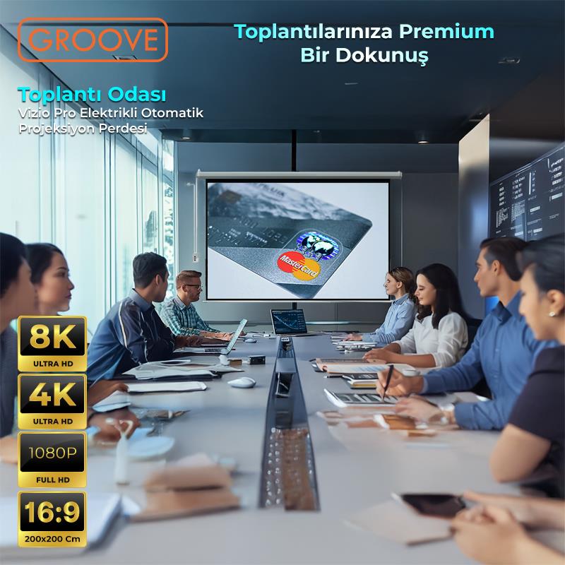 Groove Vizio Pro 200x200cm Blackout Işık Geçirmez Elektrikli Otomatik Kumandalı Projeksiyon Perdesi +Motorlu+Canlı Renkler+Göz Koruması+Leke Tutmaz Projector