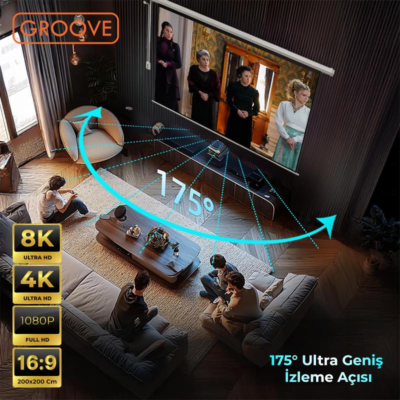 Groove Vizio Pro 200x200cm Blackout Işık Geçirmez Elektrikli Otomatik Kumandalı Projeksiyon Perdesi +Motorlu+Canlı Renkler+Göz Koruması+Leke Tutmaz Projector