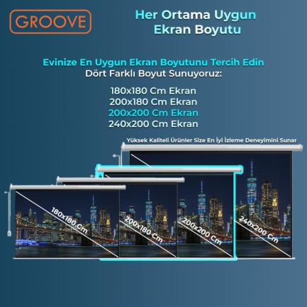 Groove Vizio Pro 200x200cm Blackout Işık Geçirmez Elektrikli Otomatik Kumandalı Projeksiyon Perdesi +Motorlu+Canlı Renkler+Göz Koruması+Leke Tutmaz Projector - Thumbnail