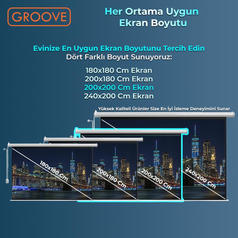 Groove Vizio Pro 200x200cm Blackout Işık Geçirmez Elektrikli Otomatik Kumandalı Projeksiyon Perdesi +Motorlu+Canlı Renkler+Göz Koruması+Leke Tutmaz Projector