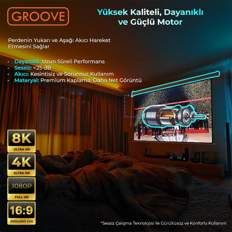 Groove Vizio Pro 200x200cm Blackout Işık Geçirmez Elektrikli Otomatik Kumandalı Projeksiyon Perdesi +Motorlu+Canlı Renkler+Göz Koruması+Leke Tutmaz Projector