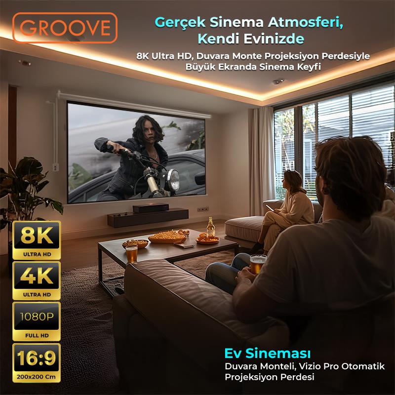 Groove Vizio Pro 200x200cm Blackout Işık Geçirmez Elektrikli Otomatik Kumandalı Projeksiyon Perdesi +Motorlu+Canlı Renkler+Göz Koruması+Leke Tutmaz Projector