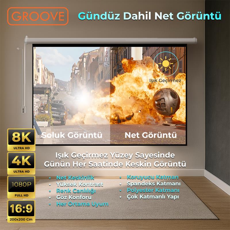 Groove Vizio Pro 200x200cm Blackout Işık Geçirmez Elektrikli Otomatik Kumandalı Projeksiyon Perdesi +Motorlu+Canlı Renkler+Göz Koruması+Leke Tutmaz Projector