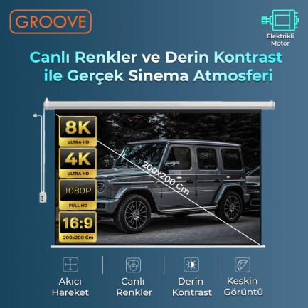 Groove Vizio Pro 200x200cm Blackout Işık Geçirmez Elektrikli Otomatik Kumandalı Projeksiyon Perdesi +Motorlu+Canlı Renkler+Göz Koruması+Leke Tutmaz Projector - Thumbnail