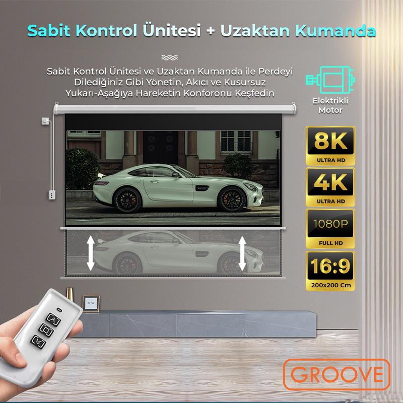 Groove Vizio Pro 200x200cm Blackout Işık Geçirmez Elektrikli Otomatik Kumandalı Projeksiyon Perdesi +Motorlu+Canlı Renkler+Göz Koruması+Leke Tutmaz Projector