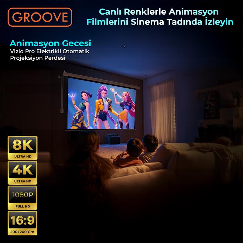 Groove Vizio Pro 200x200cm Blackout Işık Geçirmez Elektrikli Otomatik Kumandalı Projeksiyon Perdesi +Motorlu+Canlı Renkler+Göz Koruması+Leke Tutmaz Projector