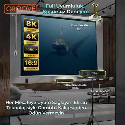 Groove Vizio Pro 200x200cm Blackout Işık Geçirmez Elektrikli Otomatik Kumandalı Projeksiyon Perdesi +Motorlu+Canlı Renkler+Göz Koruması+Leke Tutmaz Projector - Thumbnail