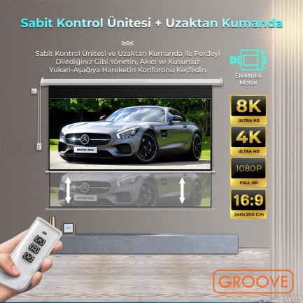 Groove Vizio Pro 240x200cm Blackout Işık Geçirmez Elektrikli Otomatik Kumandalı Projeksiyon Perdesi +Motorlu+Canlı Renkler+Göz Koruması+Leke Tutmaz Projector - Thumbnail