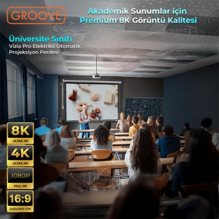 Groove Vizio Pro 240x200cm Blackout Işık Geçirmez Elektrikli Otomatik Kumandalı Projeksiyon Perdesi +Motorlu+Canlı Renkler+Göz Koruması+Leke Tutmaz Projector - Thumbnail