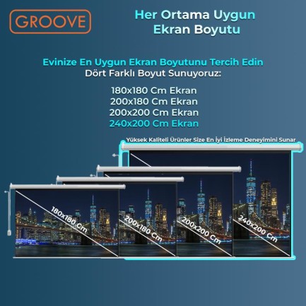Groove Vizio Pro 240x200cm Blackout Işık Geçirmez Elektrikli Otomatik Kumandalı Projeksiyon Perdesi +Motorlu+Canlı Renkler+Göz Koruması+Leke Tutmaz Projector - Thumbnail