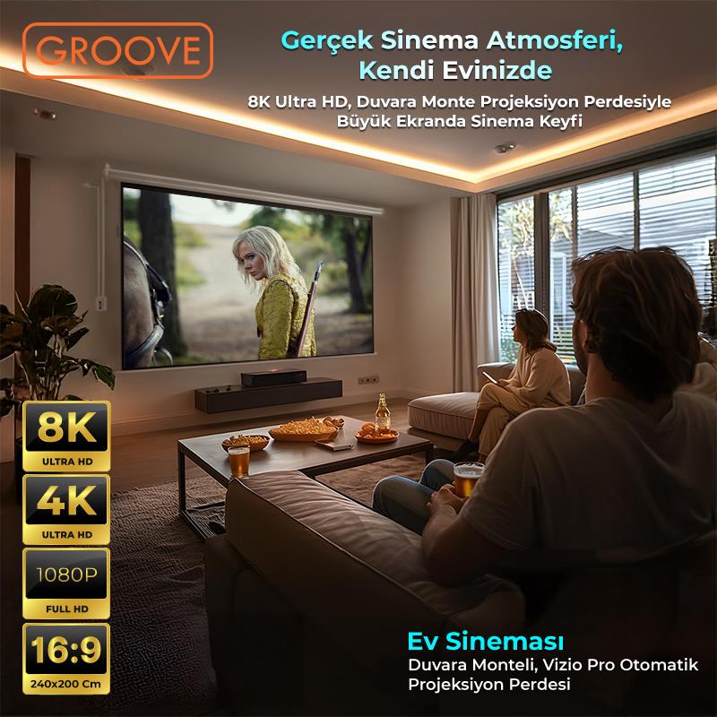 Groove Vizio Pro 240x200cm Blackout Işık Geçirmez Elektrikli Otomatik Kumandalı Projeksiyon Perdesi +Motorlu+Canlı Renkler+Göz Koruması+Leke Tutmaz Projector