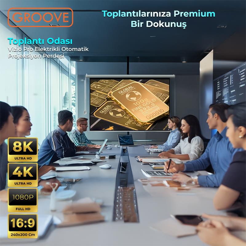 Groove Vizio Pro 240x200cm Blackout Işık Geçirmez Elektrikli Otomatik Kumandalı Projeksiyon Perdesi +Motorlu+Canlı Renkler+Göz Koruması+Leke Tutmaz Projector