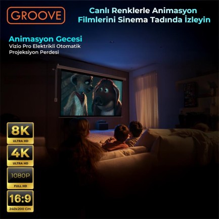 Groove Vizio Pro 240x200cm Blackout Işık Geçirmez Elektrikli Otomatik Kumandalı Projeksiyon Perdesi +Motorlu+Canlı Renkler+Göz Koruması+Leke Tutmaz Projector - Thumbnail