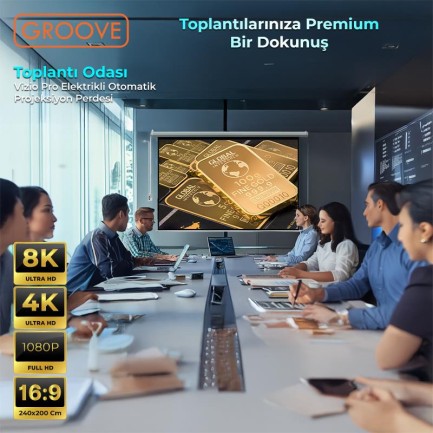 Groove Vizio Pro 240x200cm Blackout Işık Geçirmez Elektrikli Otomatik Kumandalı Projeksiyon Perdesi +Motorlu+Canlı Renkler+Göz Koruması+Leke Tutmaz Projector - Thumbnail