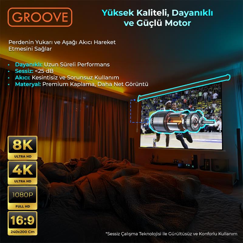 Groove Vizio Pro 240x200cm Blackout Işık Geçirmez Elektrikli Otomatik Kumandalı Projeksiyon Perdesi +Motorlu+Canlı Renkler+Göz Koruması+Leke Tutmaz Projector