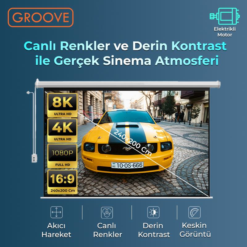 Groove Vizio Pro 240x200cm Blackout Işık Geçirmez Elektrikli Otomatik Kumandalı Projeksiyon Perdesi +Motorlu+Canlı Renkler+Göz Koruması+Leke Tutmaz Projector