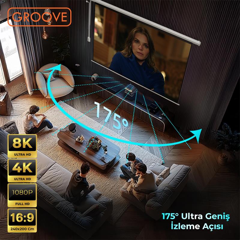 Groove Vizio Pro 240x200cm Blackout Işık Geçirmez Elektrikli Otomatik Kumandalı Projeksiyon Perdesi +Motorlu+Canlı Renkler+Göz Koruması+Leke Tutmaz Projector