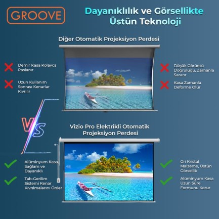 Groove Vizio Pro 240x200cm Blackout Işık Geçirmez Elektrikli Otomatik Kumandalı Projeksiyon Perdesi +Motorlu+Canlı Renkler+Göz Koruması+Leke Tutmaz Projector - Thumbnail