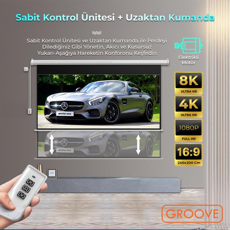 Groove Vizio Pro 240x200cm Blackout Işık Geçirmez Elektrikli Otomatik Kumandalı Projeksiyon Perdesi +Motorlu+Canlı Renkler+Göz Koruması+Leke Tutmaz Projector