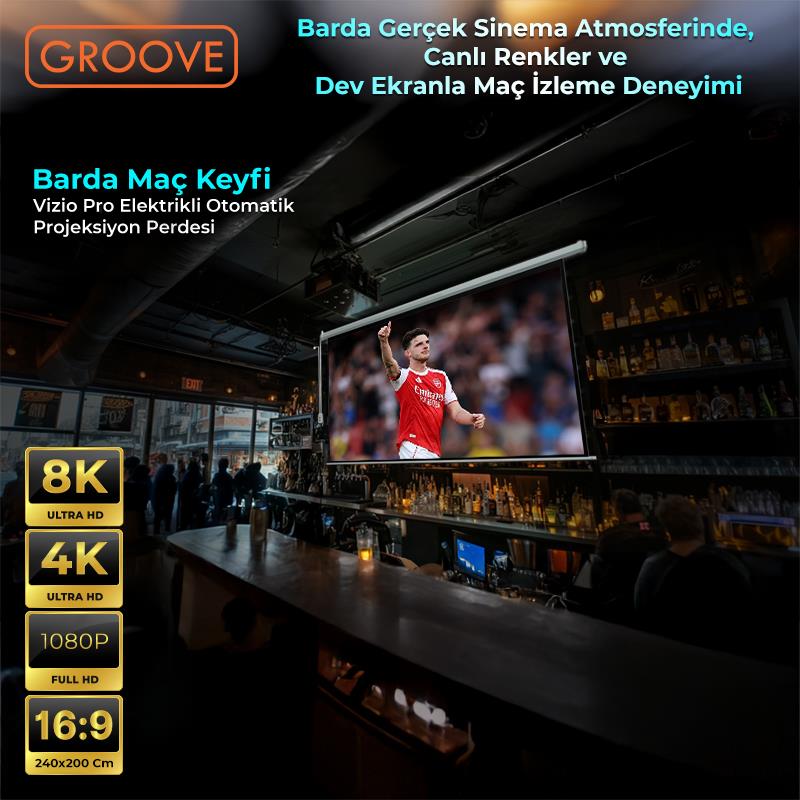 Groove Vizio Pro 240x200cm Blackout Işık Geçirmez Elektrikli Otomatik Kumandalı Projeksiyon Perdesi +Motorlu+Canlı Renkler+Göz Koruması+Leke Tutmaz Projector