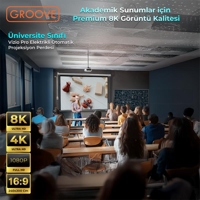 Groove Vizio Pro 240x200cm Blackout Işık Geçirmez Elektrikli Otomatik Kumandalı Projeksiyon Perdesi +Motorlu+Canlı Renkler+Göz Koruması+Leke Tutmaz Projector