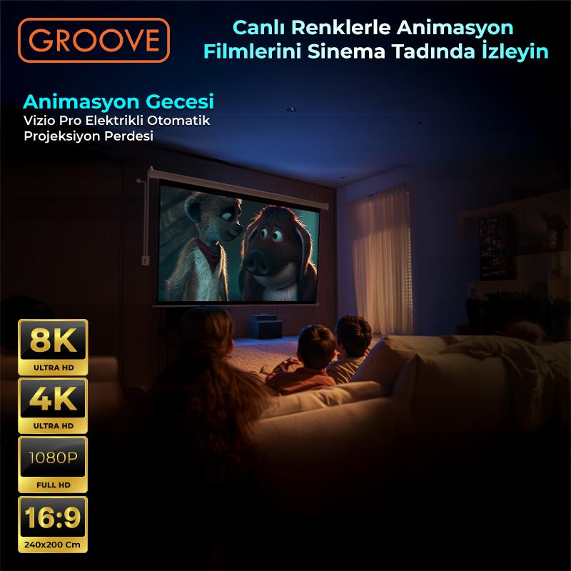 Groove Vizio Pro 240x200cm Blackout Işık Geçirmez Elektrikli Otomatik Kumandalı Projeksiyon Perdesi +Motorlu+Canlı Renkler+Göz Koruması+Leke Tutmaz Projector