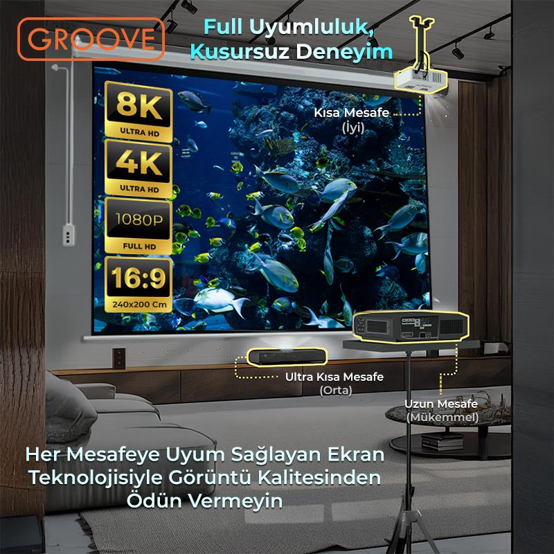 Groove Vizio Pro 240x200cm Blackout Işık Geçirmez Elektrikli Otomatik Kumandalı Projeksiyon Perdesi +Motorlu+Canlı Renkler+Göz Koruması+Leke Tutmaz Projector
