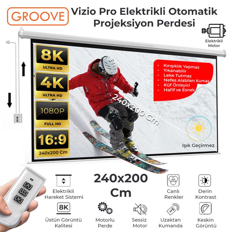 Groove Vizio Pro 240x200cm Blackout Işık Geçirmez Elektrikli Otomatik Kumandalı Projeksiyon Perdesi +Motorlu+Canlı Renkler+Göz Koruması+Leke Tutmaz Projector