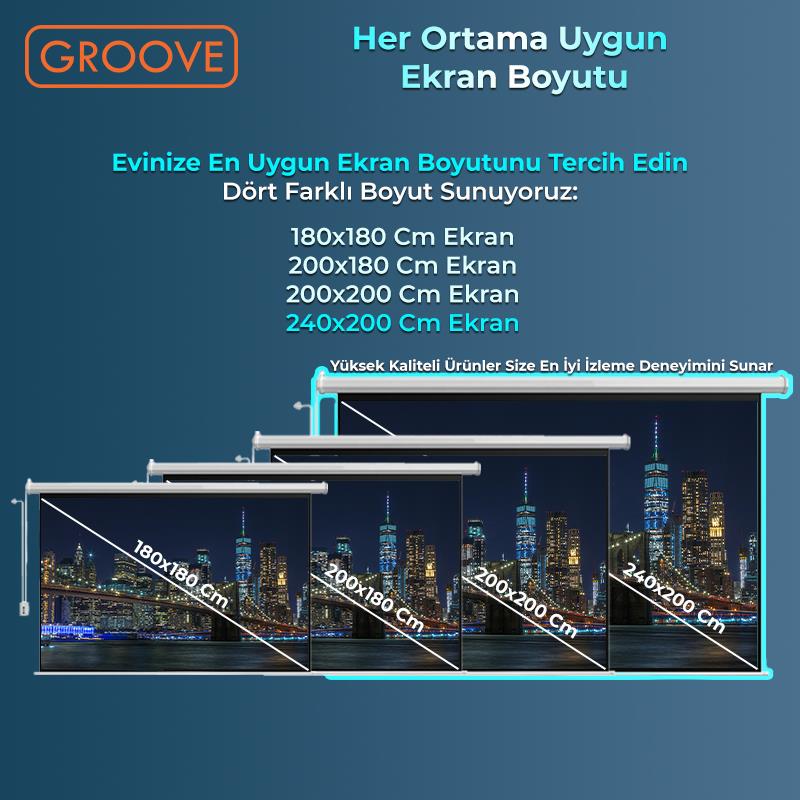 Groove Vizio Pro 240x200cm Blackout Işık Geçirmez Elektrikli Otomatik Kumandalı Projeksiyon Perdesi +Motorlu+Canlı Renkler+Göz Koruması+Leke Tutmaz Projector