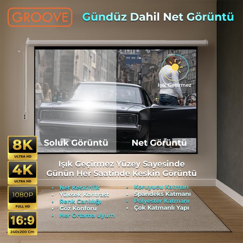 Groove Vizio Pro 240x200cm Blackout Işık Geçirmez Elektrikli Otomatik Kumandalı Projeksiyon Perdesi +Motorlu+Canlı Renkler+Göz Koruması+Leke Tutmaz Projector