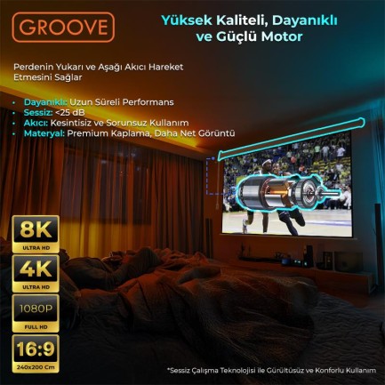 Groove Vizio Pro 240x200cm Blackout Işık Geçirmez Elektrikli Otomatik Kumandalı Projeksiyon Perdesi +Motorlu+Canlı Renkler+Göz Koruması+Leke Tutmaz Projector - Thumbnail