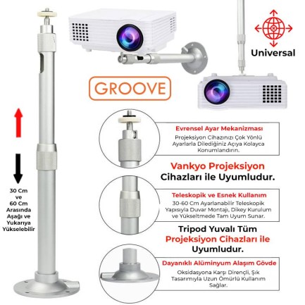 GROOVE - Vankyo Groove 30-60CM Alüminyum Projeksiyon Cihazı Tavan Askı Aparatı Duvar Bağlantı Aparatı Universal Projector Beyaz (360° Dönebilen Tripod Yuvalı)