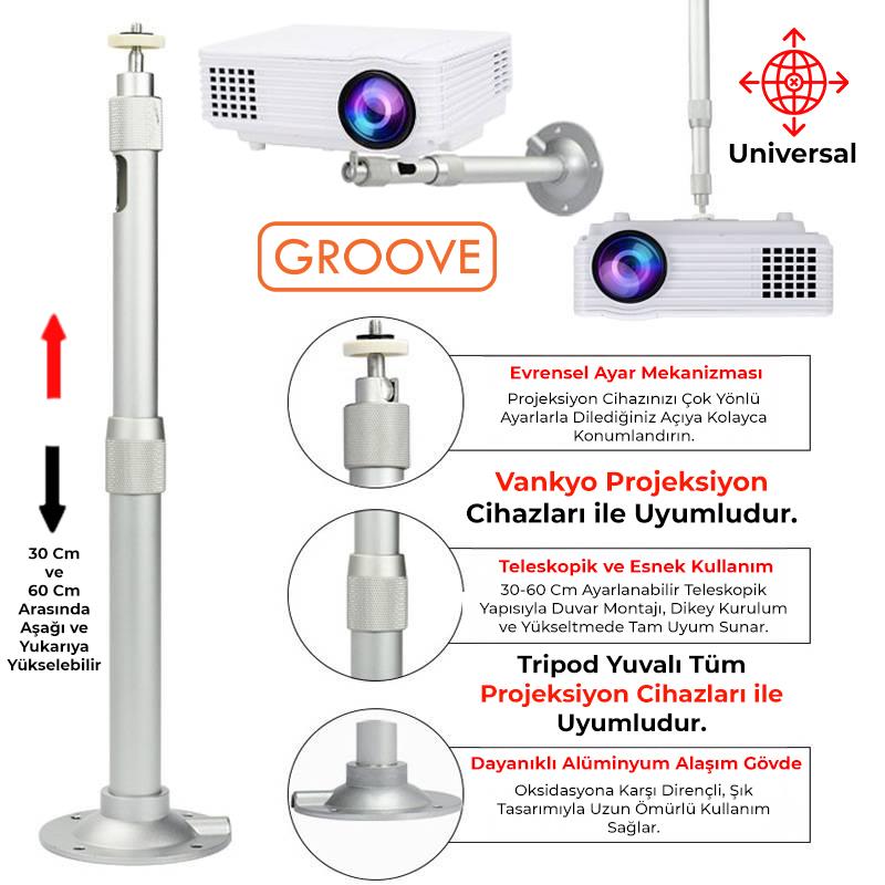 Vankyo Groove 30-60CM Alüminyum Projeksiyon Cihazı Tavan Askı Aparatı Duvar Bağlantı Aparatı Universal Projector Beyaz (360° Dönebilen Tripod Yuvalı)