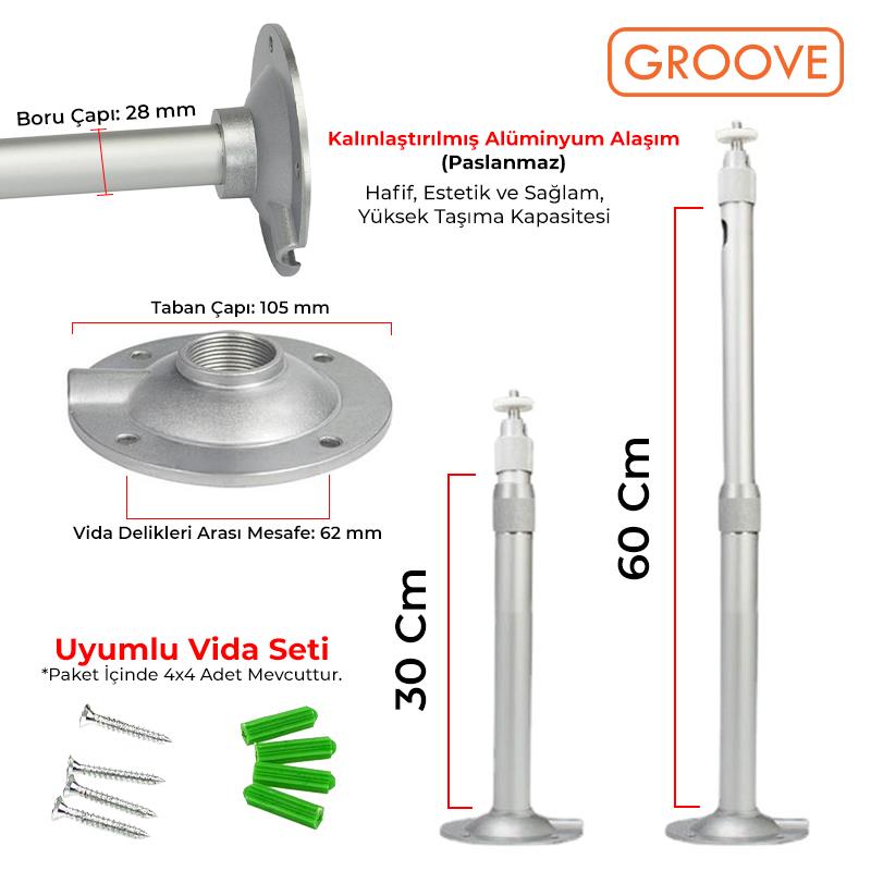 Vankyo Groove 30-60CM Alüminyum Projeksiyon Cihazı Tavan Askı Aparatı Duvar Bağlantı Aparatı Universal Projector Beyaz (360° Dönebilen Tripod Yuvalı)