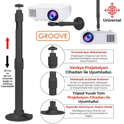 GROOVE - Vankyo Groove 30-60CM Alüminyum Projeksiyon Cihazı Tavan Askı Aparatı Duvar Bağlantı Aparatı Universal Projector Siyah (360° Dönebilen Tripod Yuvalı)