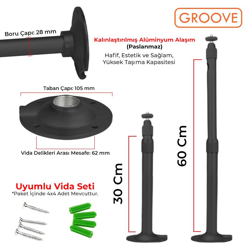 Vankyo Groove 30-60CM Alüminyum Projeksiyon Cihazı Tavan Askı Aparatı Duvar Bağlantı Aparatı Universal Projector Siyah (360° Dönebilen Tripod Yuvalı)