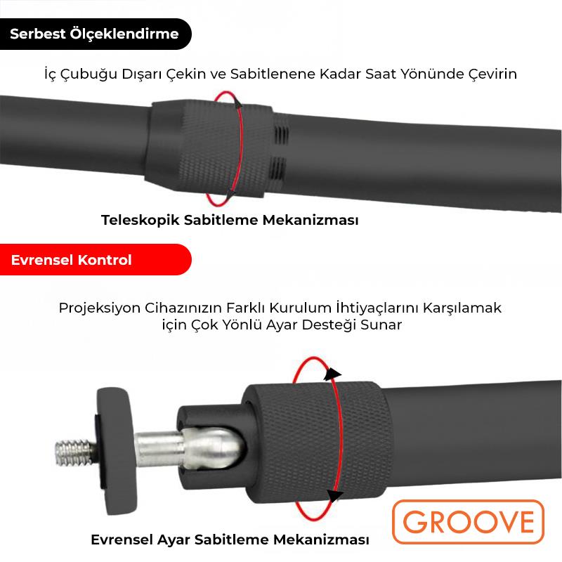 Vankyo Groove 30-60CM Alüminyum Projeksiyon Cihazı Tavan Askı Aparatı Duvar Bağlantı Aparatı Universal Projector Siyah (360° Dönebilen Tripod Yuvalı)