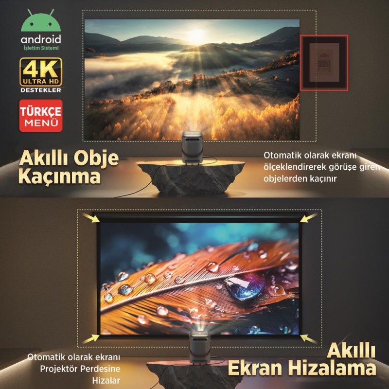 Vankyo H300A Android TV 4K Destekli Projeksiyon Cihazı +Auto Focus+Auto Keystone 6G Wi-Fi+5.2 Bluetooth 240 Inç Yansıtma+HiFi Dolby Ses Sistemi Koyu Gri PS5/PS4/XBOX 
