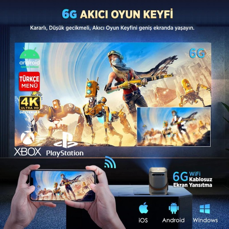 Vankyo H300A Android TV 4K Destekli Projeksiyon Cihazı +Auto Focus+Auto Keystone 6G Wi-Fi+5.2 Bluetooth 240 Inç Yansıtma+HiFi Dolby Ses Sistemi Koyu Gri PS5/PS4/XBOX 