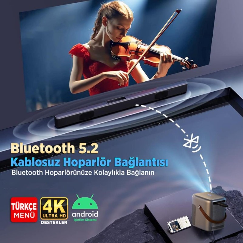 Vankyo H300A Android TV 4K Destekli Projeksiyon Cihazı +Auto Focus+Auto Keystone 6G Wi-Fi+5.2 Bluetooth 240 Inç Yansıtma+HiFi Dolby Ses Sistemi Koyu Gri PS5/PS4/XBOX 